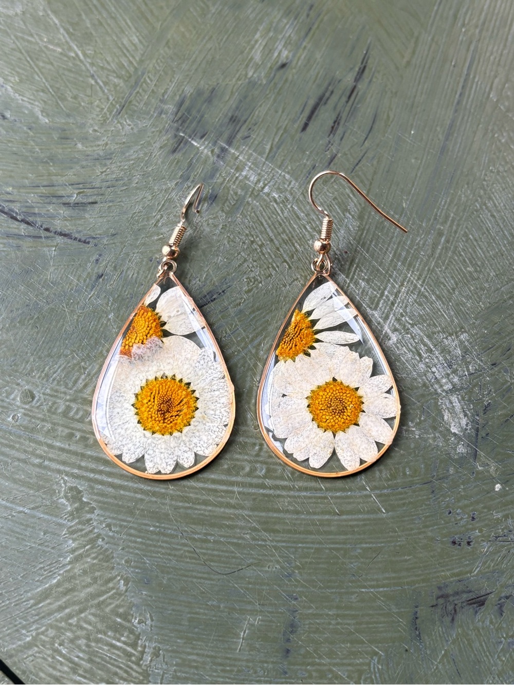Handcrafted White & Yellow Daisy Teardrop Earrings
